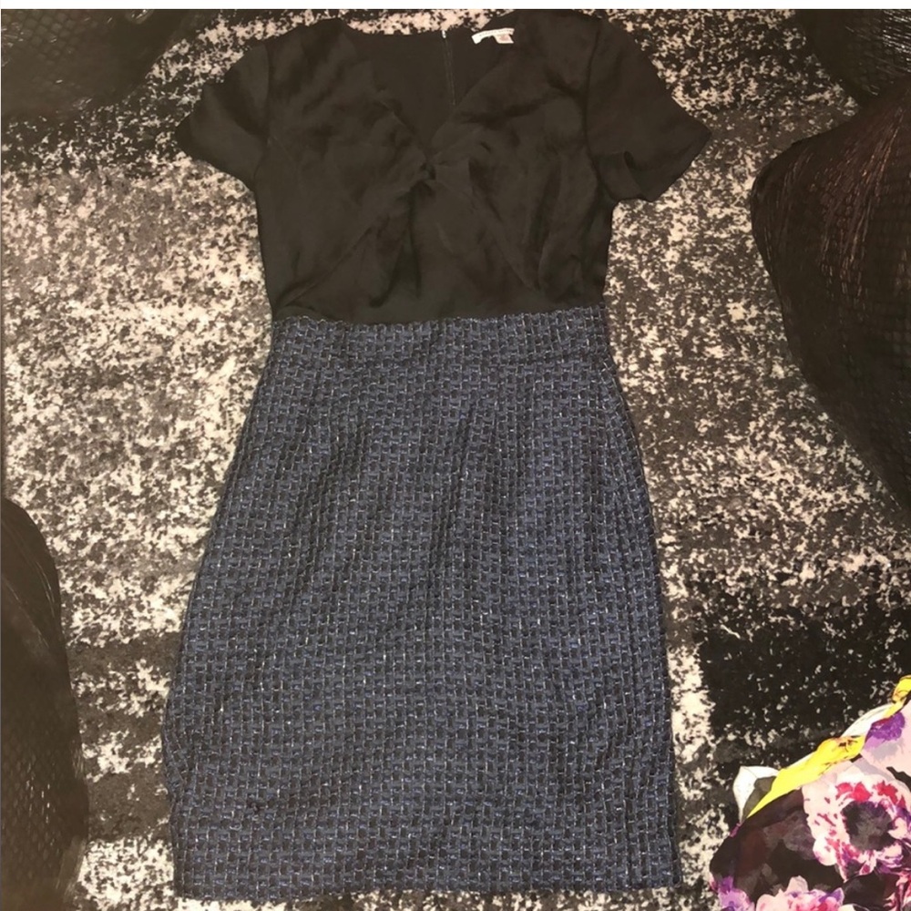 Banana Republic Black Top with Navy Tweed Midi Dress
